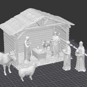 Op de afbeelding: Een witte kerststal met een houten stal, figuren van Maria, Jozef, het kindje Jezus en de drie wijzen. Ook inbegrepen zijn figuren van een ezel, een schaap en een koe. De sc&egrave;ne staat op een zwart oppervlak.