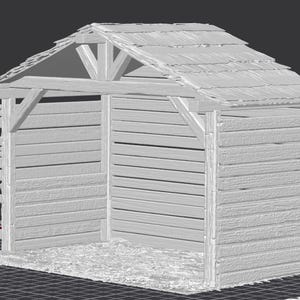 Op de afbeelding: Een grijswaardenweergave van een kleine houten constructie, mogelijk een schuur of schuilplaats. Het ontwerp heeft een lattenroosterdak en muren, ondersteund door een houten frame. De constructie staat op een getextureerde basis.