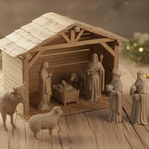 Può includere: Un presepe in miniatura con una stalla di legno e figure di Maria, Giuseppe, Gesù bambino, i Re Magi e animali. Le figure sono in tonalità neutre, creando una scena festiva tradizionale.