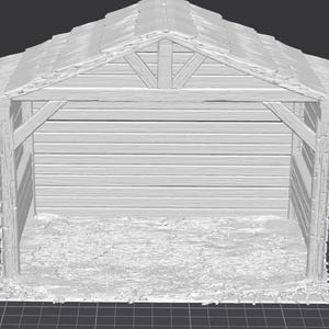 Op de afbeelding: Een grijswaarden houten stal met een zadeldak. De structuur heeft horizontale houten planken voor de muren en een met hooi bedekte vloer. Het dak is gemaakt van overlappende houten shingles.