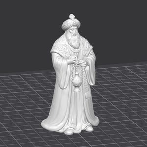 Op de afbeelding: 3D-geprinte beeldje van een man in traditionele Midden-Oosterse kledij. De figuur draagt een tulband en een lange jurk en houdt een wierookvat vast. Het beeldje is wit en staat op een raster.