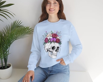 Sudadera de cuello redondo con calavera floral, jersey de esqueleto gótico