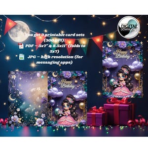 Carte d’anniversaire magique - carte d’anniversaire imprimable pour fille, princesse de nuit | Joyeux anniversaire pour enfants