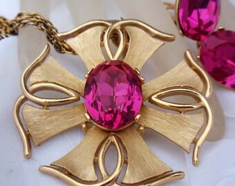 Crown Trifari Maltese Pendant and Earrings Fuschia