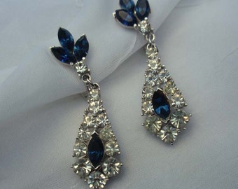 Trifari Dangle Earrings with Blue Marquise Rhinestones