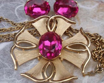 Crown Trifari Maltese Pendant and Earrings Fuschia