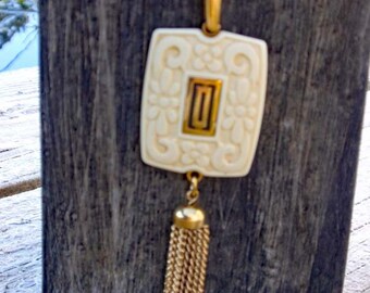 Vintage Trifari  Asian faux carved Pendant