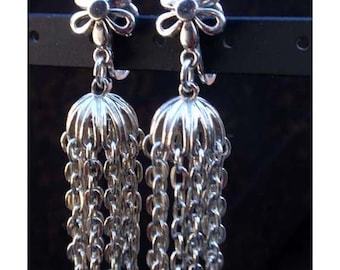 Trifari 70's Flower Fringe Silver tone dangle earrings