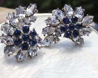 Trifari Memo Rhinestone earrings with blue center