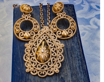Trifari filgree necklace and hoop earrings