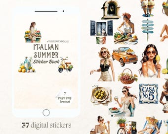 Set de pegatinas La Dolce Estate: 37 pegatinas PNG de verano italiano para diarios, agendas y álbumes de recortes