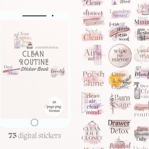 Könnte beinhalten: Digitales Stickerbuch mit 73 Stickern für Reinigungsroutinen. Die Sticker enthalten Sätze wie "Clean Space", "Drawer Detox" und "Tidy Up", mit Illustrationen im Aquarellstil. Das Buch ist im 10-seitigen PNG-Format.