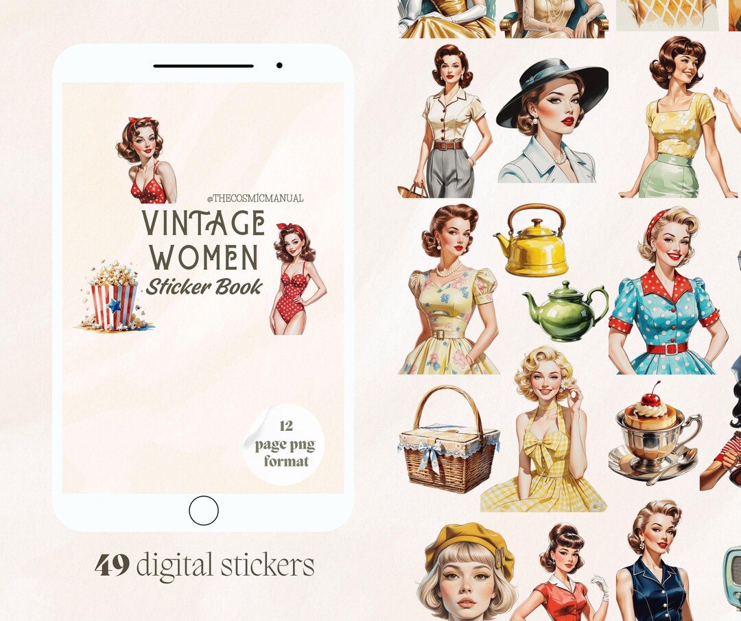 Vintage Women Sticker Pack – 49 Retro Glam Pngs for Journals, Planners ...