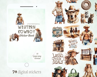 Cowboy Sticker Pack – 79 Vintage Wild West Watercolor PNG Stickers for Journals & Planners
