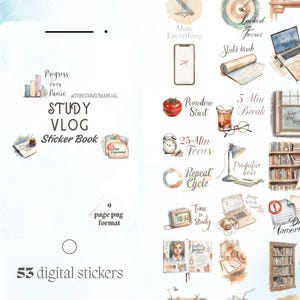 May include: A collection of 53 digital study stickers in a watercolor style. The stickers include images of a laptop, books, a tomato, a clock, and text such as "Study Vlog" and "Due Tomorrow".
