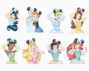 May include: Watercolour illustrations of eight Disney princesses wearing mouse ears. Each princess is depicted from the chest up, in their signature outfits, with a different coloured bow on their ears. The text "PNG Only" is at the bottom.