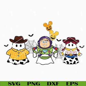 Puede incluir: Ilustración digital de tres personajes de dibujos animados disfrazados para Halloween. Los personajes están vestidos como Woody, Buzz Lightyear y Jessie de Toy Story. La imagen incluye murciélagos, telarañas y globos de calabaza con forma de Mickey Mouse.