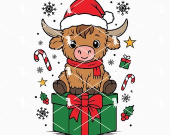 Vaca de las Tierras Altas Navidad SVG PNG, Vaca Linda SVG, Archivos de Corte SVG de Temporada Navideña Cricut