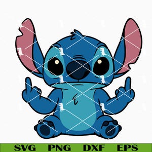 May include: A blue cartoon character with large ears and black eyes, giving the middle finger with both hands. The character is sitting down with its legs crossed. The image has a white background with a grid pattern and the words "SVG PNG DXF EPS" at the bottom.