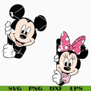 Può includere: Un'illustrazione di cartoni animati di Topolino e Minnie. Topolino è nero, bianco e marrone chiaro, con un'espressione sorridente. Minnie è nera, bianca e marrone chiaro, con un fiocco rosa e un'espressione sorridente. L'immagine ha il testo "SVG PNG DXF EPS".