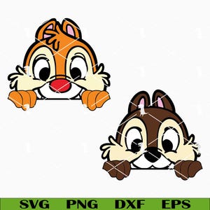 May include: Two cartoon chipmunks, one orange and one brown, peeking over a white surface. The orange chipmunk has a red nose. The image includes the text "SVG PNG DXF EPS" in a green banner at the bottom.