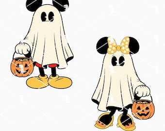 May include: Two cartoon characters dressed as ghosts for Halloween. One has black ears, red shorts, yellow shoes, and is holding an orange jack-o'-lantern bucket. The other has a yellow bow with white polka dots, black shoes, and is also holding an orange jack-o'-lantern bucket.
