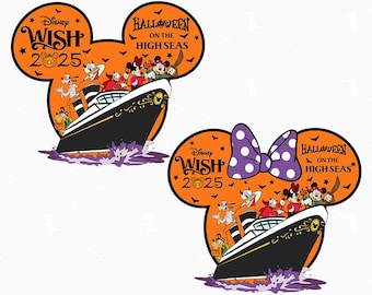 Puede incluir: Dos diseños de Halloween con temática de Disney. Cada uno presenta un crucero negro con personajes de Disney, sobre una silueta de oreja de Mickey Mouse naranja. El texto incluye "Disney Wish 2025" y "Halloween on the High Seas".