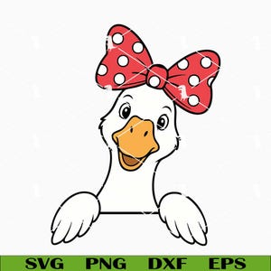 May include: A white goose illustration with an orange beak and a large red bow featuring white polka dots positioned on its head. The goose is depicted from the chest up with its wings resting on a horizontal line. The text SVG PNG DXF EPS is below.