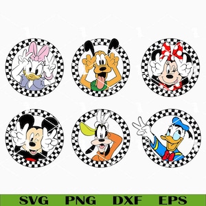 Può includere: Sei disegni circolari di personaggi dei cartoni animati con Topolino, Minnie, Paperino, Paperina, Pippo e Pluto. Ogni personaggio è all'interno di un cerchio a scacchi bianco e nero, che fa il segno della pace.