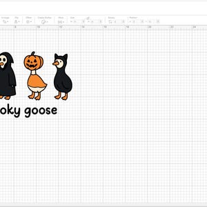 May include: A digital illustration shows five geese in Halloween costumes. The geese are dressed as a witch, a ghost, a grim reaper, a pumpkin, and a cat. The phrase "just a spooky goose" is written below the geese in black text.