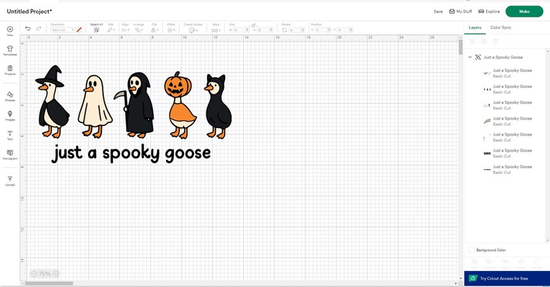 May include: A digital illustration shows five geese in Halloween costumes. The geese are dressed as a witch, a ghost, a grim reaper, a pumpkin, and a cat. The phrase "just a spooky goose" is written below the geese in black text.
