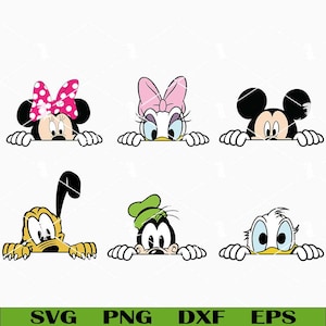 Op de afbeelding: Een verzameling van zes cartoonkarakterafbeeldingen, waaronder Minnie Mouse, Daisy Duck, Mickey Mouse, Pluto, Goofy en Donald Duck. Elk personage wordt van de borst omhoog afgebeeld, over een oppervlak kijkend. De personages zijn in hun klassieke kleuren.