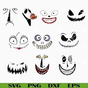 Puede incluir: Una colección de nueve diseños de caras estilizadas en blanco y negro, cada una con expresiones únicas. Algunas caras tienen rasgos cosidos, mientras que otras tienen sonrisas y formas de ojos exageradas. El texto "SVG PNG DXF EPS" aparece en verde en la parte inferior.