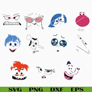 Peut inclure: Plusieurs visages de dessins animés aux expressions variées. Les visages sont en noir et blanc, avec des touches de rouge, de bleu et de rose. Le bas de l'image affiche le texte "SVG PNG DXF EPS" en vert.