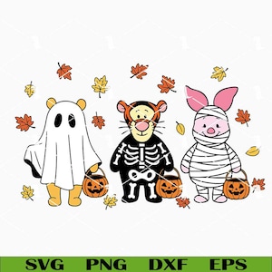 May include: A Halloween-themed graphic featuring three cartoon characters in costumes. A bear dressed as a ghost, a tiger in a skeleton costume, and a pig wrapped as a mummy, each holding a jack-o'-lantern bucket. Autumn leaves are scattered around.