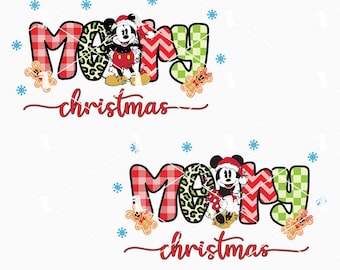 May include: A digital design featuring the words "Merry Christmas" with Mickey Mouse in a Santa hat. The letters are decorated with plaid, leopard print, and green checkered patterns. Gingerbread men and snowflakes complete the festive design.