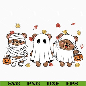 May include: Three cartoon bears in Halloween costumes. One is a mummy, another a ghost, and the third is wearing a ghost sheet. Each bear carries a jack-o'-lantern bucket. Autumn leaves are scattered around the bears.