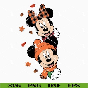 May include: A digital illustration featuring two cartoon mice characters stacked vertically. The top character wears a black and orange plaid bow, while the bottom character wears an orange knit beanie and scarf, surrounded by falling autumn leaves and acorns.
