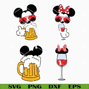 Könnte beinhalten: Digitalgrafik mit Silhouetten von Mickey und Minnie Mouse. Mickey wird mit einem Bierkrug und einer Sonnenbrille gezeigt, während Minnie mit einem Weinglas und einer Schleife gezeigt wird. Der Text "SVG PNG DXF EPS" ist enthalten.