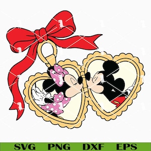 May include: A heart-shaped gold locket featuring a cartoon mouse couple kissing, with one mouse in a pink polka-dot dress and the other in black shorts. A large red ribbon bow is attached to the top of the locket, which is displayed as a digital graphic.