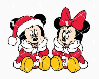 May include: A digital illustration of Mickey and Minnie Mouse in Christmas attire. Mickey wears a Santa hat and red suit with white trim. Minnie has a red bow and a matching red outfit. Both characters have yellow shoes and are smiling.