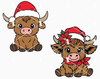 Highland Cow Christmas Svg Png Bundle, Cute Cow Xmas Svg, Funny Christmas Holiday Svg Cricut