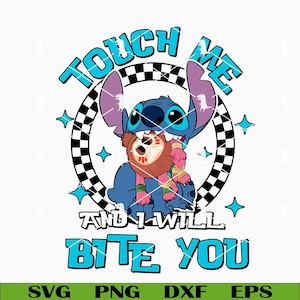 May include: A blue cartoon character, Stitch, biting a teddy bear wearing a mask. The image includes the text "TOUCH ME AND I WILL BITE YOU" in blue, with a black and white checkered circle behind Stitch.