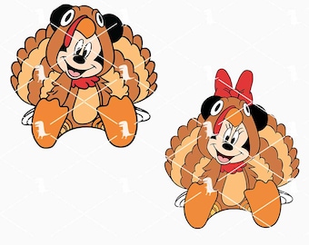 May include: Two cartoon illustrations of Mickey and Minnie Mouse dressed as turkeys. Mickey is wearing a turkey costume with a red collar. Minnie Mouse is wearing a turkey costume with a red bow. The image has a white background.