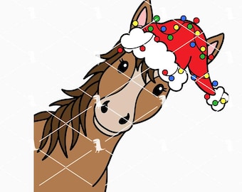クリスマスの覗き見馬 SVG PNG、面白い馬 SVG、ウエスタンクリスマス SVG、馬の休日 SVG Cricut