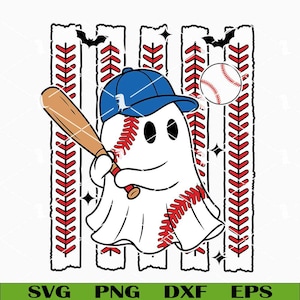May include: A white ghost character wearing a blue baseball cap and holding a wooden baseball bat. The ghost features red baseball stitching patterns on its body. The background includes vertical stripes with red stitching and black bats.
