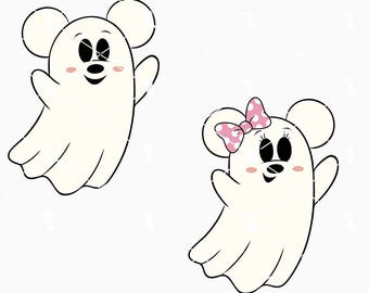 May include: Two cartoon ghost characters with mouse ears. One ghost has a pink bow with white polka dots. Both ghosts have black eyes, noses, and smiles, with pink cheeks. The image has the words "SVG PNG DXF EPS" in a green bar at the bottom.