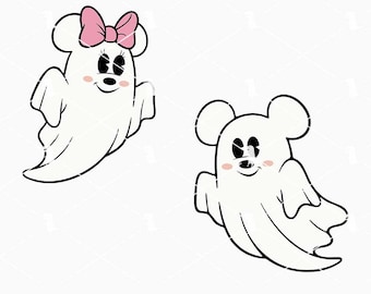 May include: Two cartoon ghost illustrations. One ghost wears a pink bow, the other does not. Both ghosts have mouse ears, black eyes, and rosy cheeks. The ghosts are white with black outlines, perfect for Halloween or Disney-themed projects.