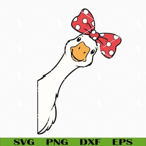 May include: A cartoon illustration of a white goose wearing a red bow with white polka dots. The goose has an orange beak and is smiling. The image is a digital graphic with the words "SVG PNG DXF EPS" at the bottom.