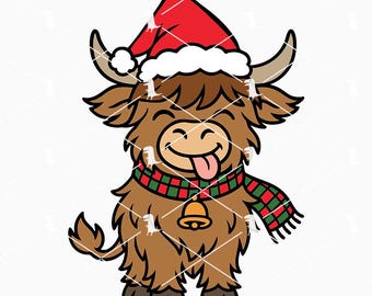 Vaca navideña divertida SVG PNG, Vaca de las Tierras Altas navideña SVG, Animales de granja navideños SVG Cricut